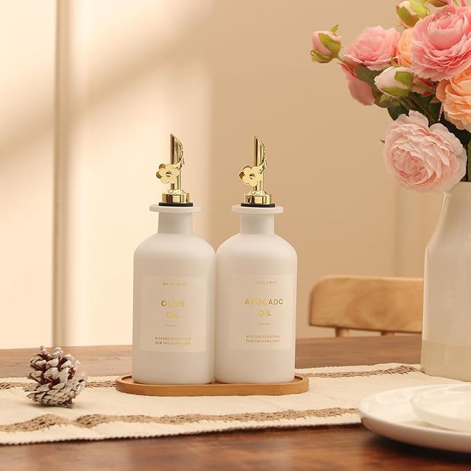 HOMCDALY Olive Oil Dispenser for Kitchen, 11.8oz Glass kitchen Dispenser Bottle, Gold Oil&Vinegar Cruet Set, Leakproof Oil Containers for Cooking| Set of 2 (11.8oz – Gold)