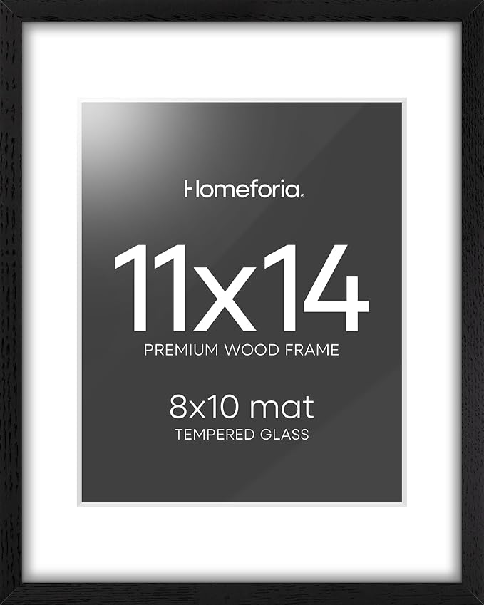 Homeforia 11x14 Picture Frame Black Wood, High End Oak 11x14 Poster Frames with Mat 8x10, 11 x 14 Wooden Frame Matted to 8 x 10 inch Photo, 14x11 Thin Hanging Frame, Tempered Glass, Wall Kit, Set of 1