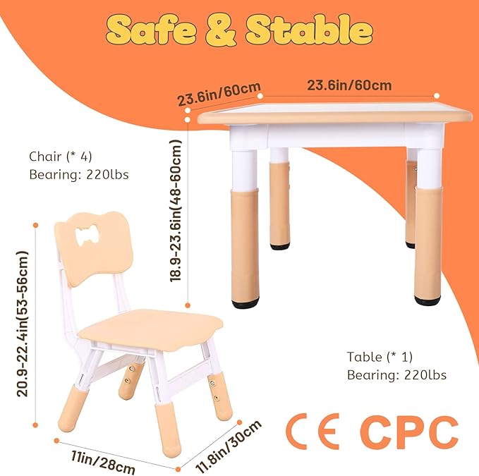 FUNLIO Kids Table and 4 Chairs Set, Height Adjustable Toddler Table and Chair Set for Ages 3-8, Easy to Wipe Arts & Crafts Table, for Classrooms/Daycares/Homes, CPC & CE Approved(5-Piece Set)