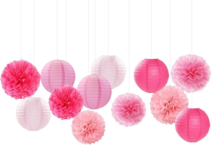 Light-Hot Pink Party-Decorations Paper-Flowers Lanterns - 15pcs Graduation Girl Birthday Decor Tissue Pom Poms Streamers, Bridal Baby Shower Wedding Bachelorette Valentine Hanging Supplies Hugfond
