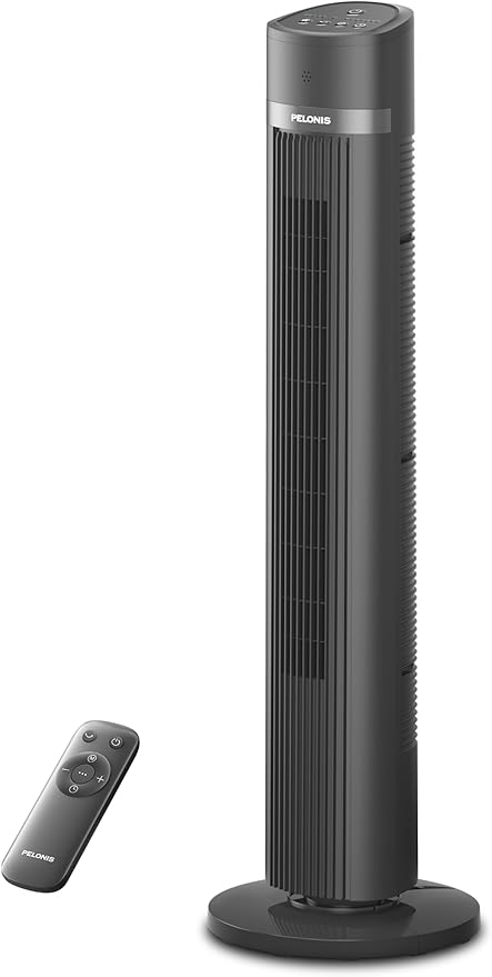 PELONIS 40 inch Bladeless Tower Fan for Bedroom, Standing Fan with Remote Control, 26ft/s, 90Β° Oscillation, 3 Speed Settings, 27 Db, 3 Modes, 15-Hour Timer, LED Display, Fan that Blows Cold Air, Grey