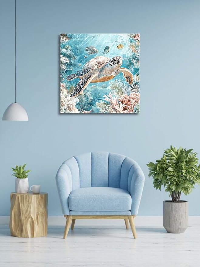 Sea Turtle Bathroom Wall Decor Ocean Theme Framed Canvas Wall Art Coastal Nautical Prints Picture Watercolor Coral Marine Life Painting for Kid Bedroom Living Room Home Decoration 14x14â