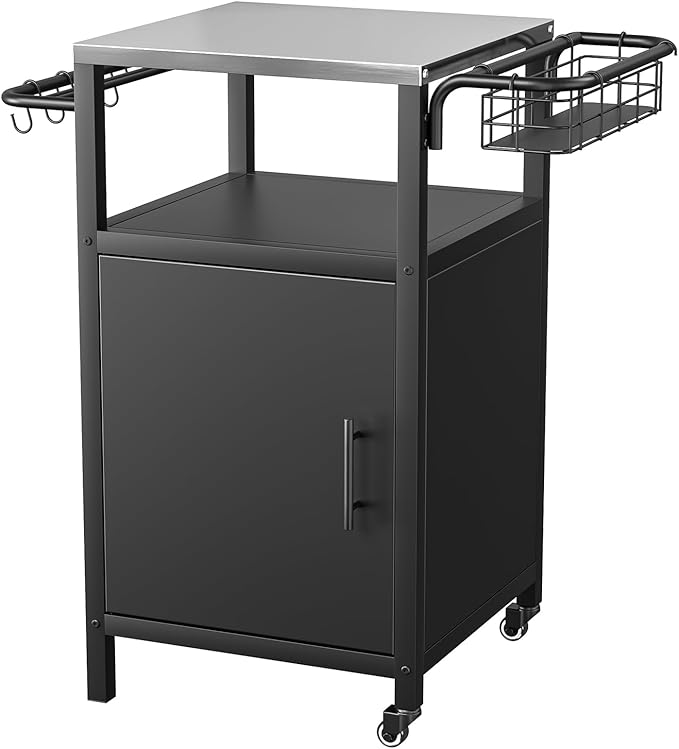 Outdoor Grill Cart with Storage Cabinet, Prep Table with Stainless Steel, BBQ Tables Cart Portable Patio Bar with Lockable Wheels, Movable Kitchen Island for Outside Backyard Patio