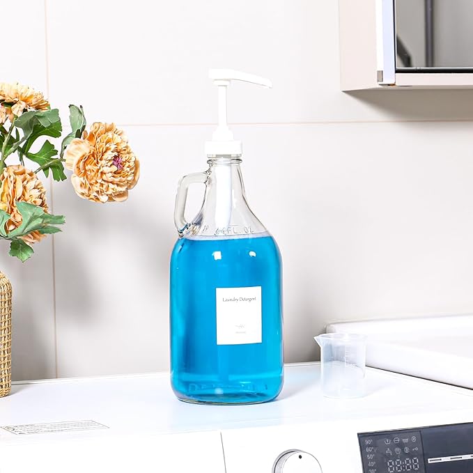 Glass Laundry Detergent Dispenser with Pump, 64OZ Liquid Laundry Soap Dispenser, Fabric Softener Dispenser Bottle for Laundry Room Organization and Storage, 1 Pack