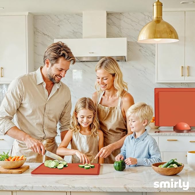 SMIRLY Plastic Cutting Board Set with Holder 3 Pieces, Non-Slip Dishwasher Safe Chopping Boards for Kitchen, Orange