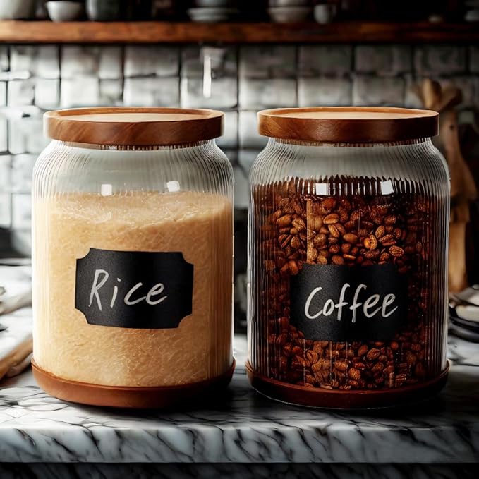 SAIOOL 2-Pack Striped Borosilicate Glass Airtight Canisters - Big mouth Large Capacity, Acacia Wood Lid, Food Storage Jars for Flour, Pasta, Pantry Organization (3/4 Gallon (2 Striped pack))