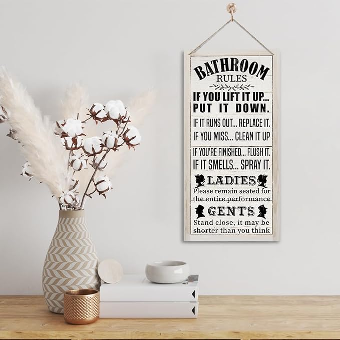 Rustic Western Bathroom Decor - Funny Wall Signs, Farmhouse Country Rules Wall Decor B1