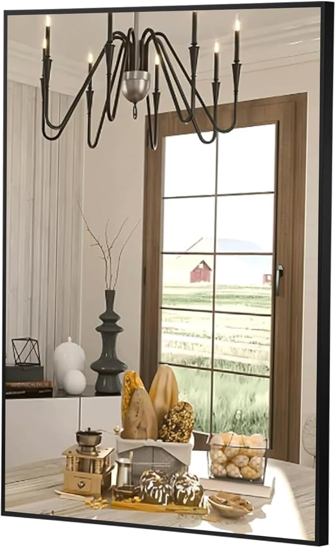 FARMER 26x38 Inch Black Bathroom Mirror, Rectangle Wall Mounted Mirror, Vanity Mirror, Brushed Square Mirror, Framed Bathroom Mirror for Bedrooms, Entryways, Living Rooms, Horizontal/Vertical