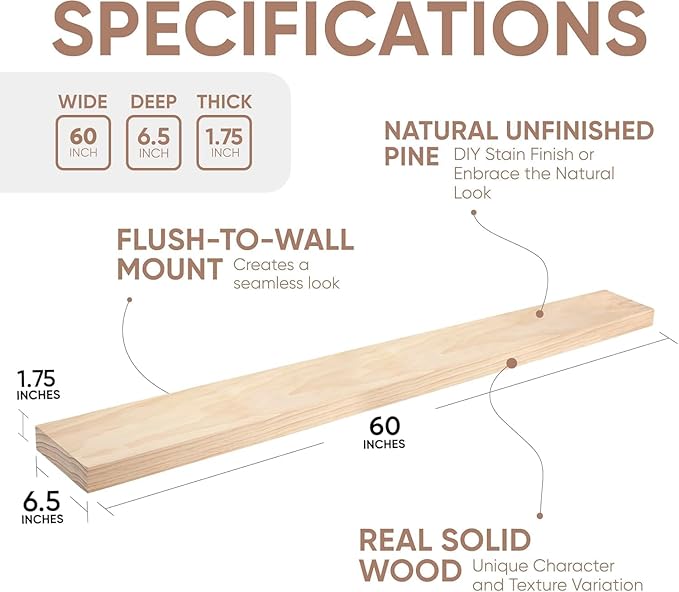 Homeforia 60 inch Wood Floating Shelf, High End Solid Natural Long Wood Shelf for Wall 60 inches, Unfinished Wooden 60inch Large Floating Shelves, Heavy Duty Bracket, 60 X 6.5 X 1.75 in, Set of 2