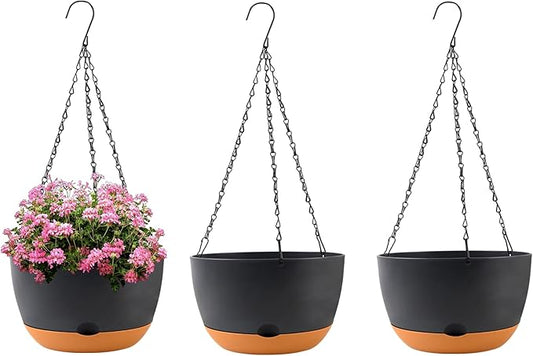 10 inch Plant Pot Hanging Planters Self Watering Pots for Indoor Plants, 3 Pack Plastic Hanging Basket with Removable Tray for Home Garden Porch Balcony Patio Decor(Black)