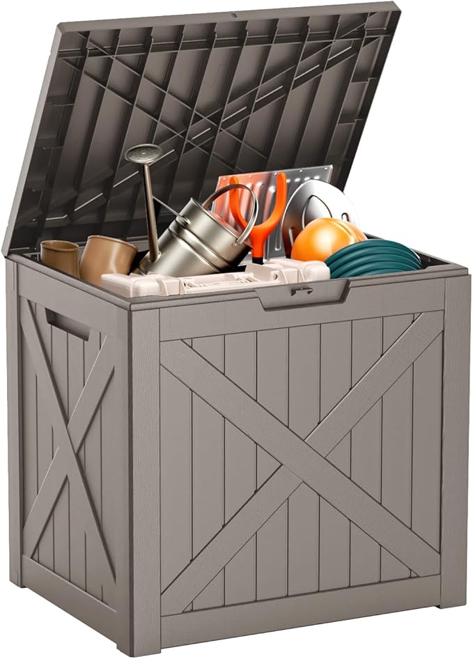 Vixzen 32 Gallon Resin Deck Box - Lockable Outdoor Storage for Patio Cushions, Garden Tools, Pool Supplies,Grey