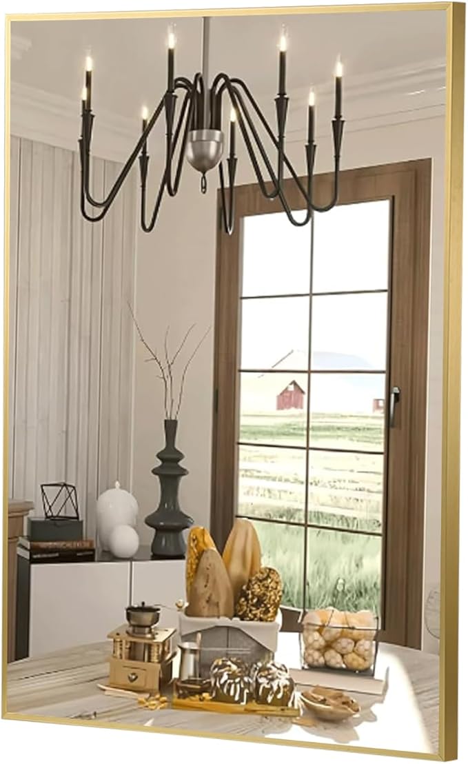 FARMER 16x20 Inch Gold Bathroom Mirror, Rectangle Wall Mounted Mirror, Vanity Mirror, Brushed Square Mirror, Framed Bathroom Mirror for Bedrooms, Entryways, Living Rooms, Horizontal/Vertical