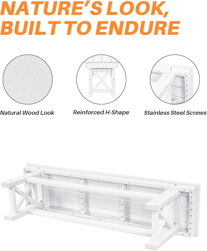 HDPE Outdoor Bench, 55" Patio Bench Outdoor Furniture, Poly Lumber Adirondack Benches, All Weather HDPE Patio Backless Benches for Park, Poolside, Garden, Porch, Pearl