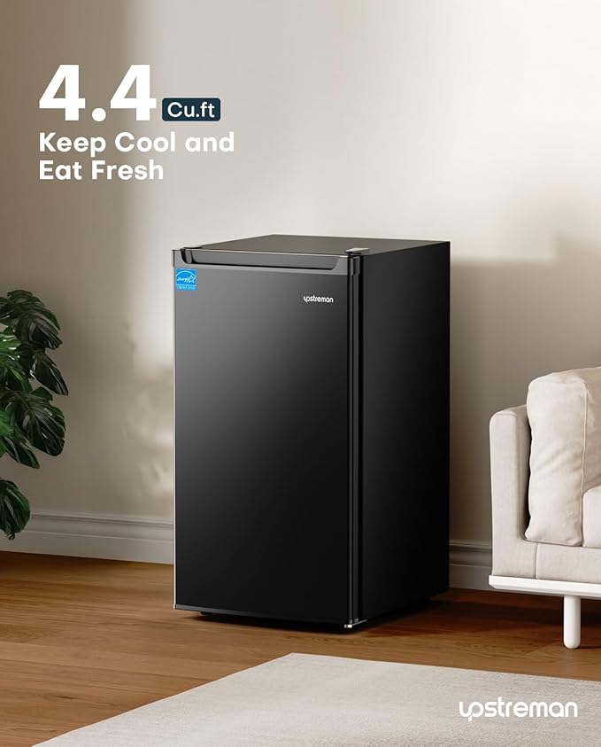 Upstreman 4.4 Cu.Ft Mini Fridge with Freezer, Single Door Mini Refrigerator for Bedroom, Extra Large Capacity, Energy-efficient, Small fridge for Office, Dorm, Kitchen, Black-BR44