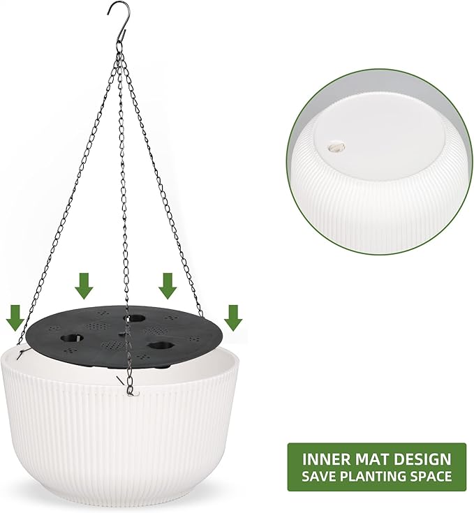 Dexceder 8.75 Inch Self Watering Hanging Planters Indoor Outdoor, Thickened Hanging Basket Flower Plant Pot (2 Pack, White)