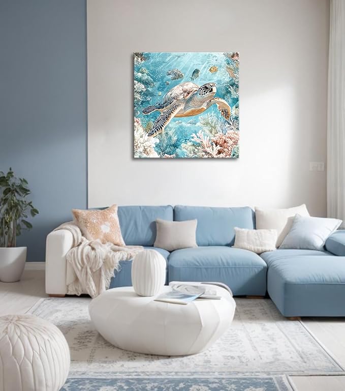 Sea Turtle Bathroom Wall Decor Ocean Theme Framed Canvas Wall Art Coastal Nautical Prints Picture Watercolor Coral Marine Life Painting for Kid Bedroom Living Room Home Decoration 14x14â