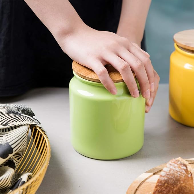 Sweejar Ceramic Kitchen Canisters, 28 FLOZ Porcelain Food Storage Jar with Airtight Seal Wooden Lid, Home Container Serving for Coffee Beans, Tea-leave, Sugar, Salt and More, Tool Bucket (Green)