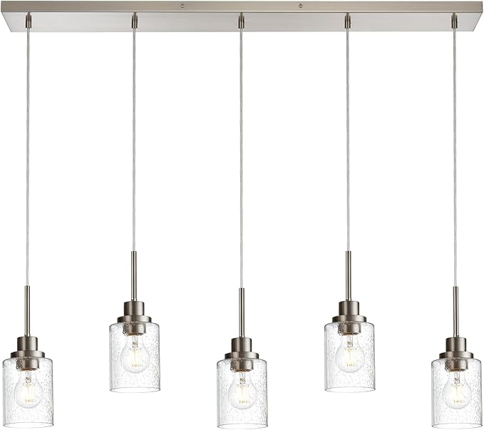 Lighting Contemporary Brushed Nickel Linear Chandelier Pendant Light 5 Lights Clear Seeded Glass Farmhouse Pendant Lighting Modern Dining Room Light Fixture for Living Room Kitchen Island