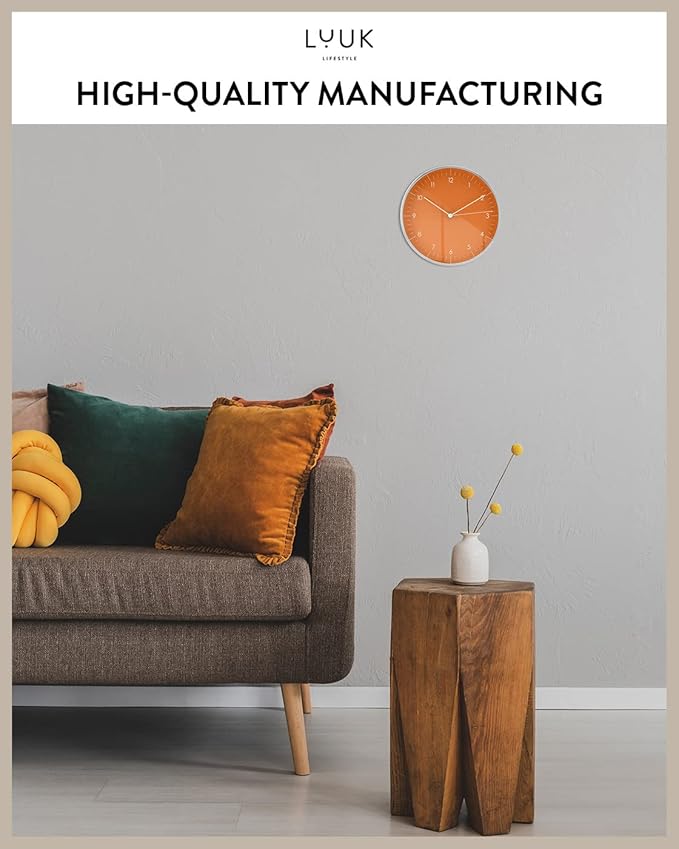 LUUK LIFESTYLE Silent Quartz Wall Clock, Modern and Minimalist Design, Without Ticking, 10” Kitchen Clock, for Living Room, Bedroom, Housewarming Gift, Orange and Silver