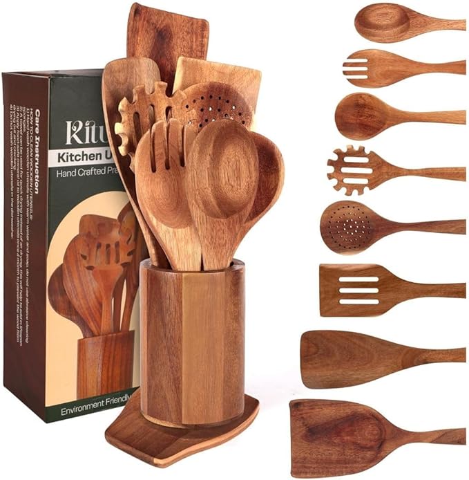 Wooden Spoons for Cooking Set of 10 - Cooking Utensils with Spoon Rest & Holder – Comfortable Grip & Easy to Clean - Wooden Spoon Set for Kitchen with four Hanging Hooks