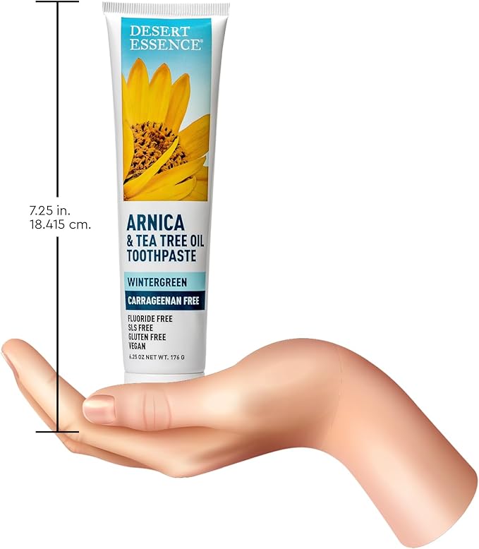 Desert Essence Arnica & Tea Tree Oil Toothpaste – Carrageenan & Fluoride Free – Wintergreen Mint – Vegan, Non-GMO, Gluten-Free – Gently Removes Plaque & Freshens Breath – 6.5 oz