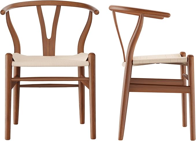 Tomile Solid Wood Wishbone Chair Y Chair Mid-Century Armrest Dining Chair, Hemp Seat (Ash Walnut Color, Pack of 2)