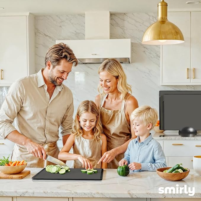 SMIRLY Plastic Cutting Board Set with Holder 3 Pieces, Non-Slip Dishwasher Safe Chopping Boards for Kitchen, Dark Grey