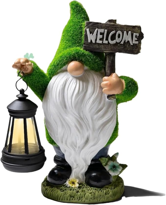 Solar Gnome Outdoor Garden Fall with Solar Lantern - 11’’Halloween Autumn Welcome Gnomes Decorations for Yard Patio (Green & White)