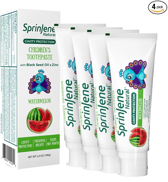 SprinJene Natural Kids Toothpaste, Watermelon | Natural Childrenโs Toothpaste for Cavity Protection | Fluoride Toothpaste for Toddlers | 4 Pack