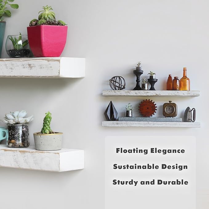 Urban Legacy Reclaimed Barnwood Planks | Floating Shelves for Wall w/Flush Mount Shelf Bracket Set Included | Set of 2 (White Wash, 24" x 7 "x 2")