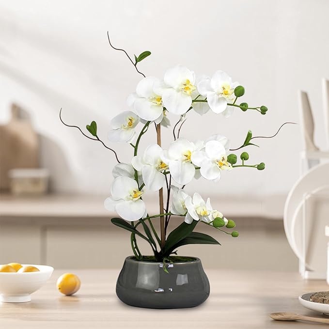 White Orchid Artificial Flowers with Gray Vase Large Silk Faux Phalaenopsis Flowers for Dining Room Table Floral Centerpieces Indoor Decoration