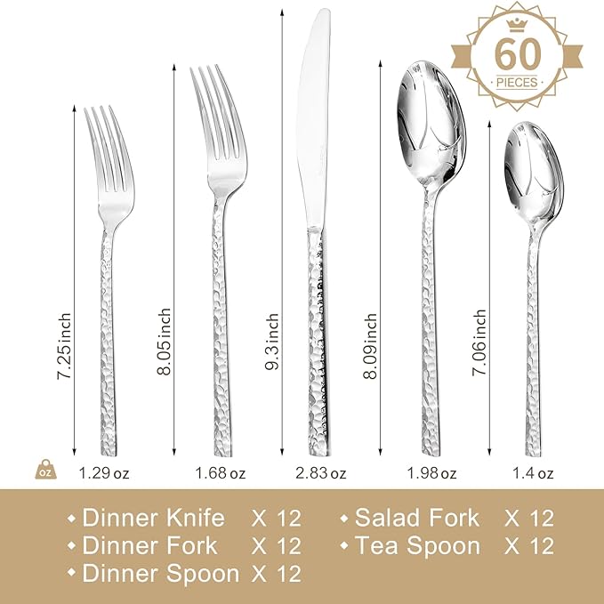 KINGSTONE 60 Piece Hammered Silverware Set, 18/10 Stainless Steel Flatware Set for 12, Cutlery Set for Home, Party, Wedding, Mirror Polished Dishwasher Safe