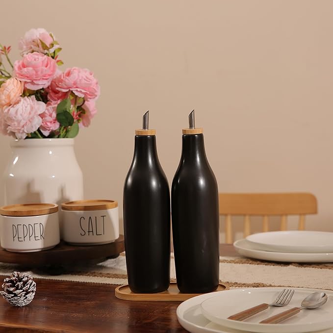 HOMCDALY Olive Oil and Vinegar Dispenser Set, Two 16oz Ceramic Oil Dispenser for Kitchen, Kitchen Dispenser Bottle for EVOO Vinegar Syrups, Modern Farmhouse Design| Set of 2 – Black