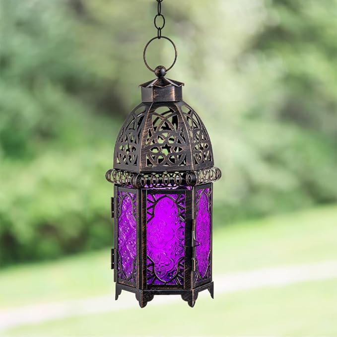 NEEDOMO Moroccan Candle Lantern, 12.8'' Hanging Lanterns Decorative Indoor Outdoor, Vintage Candle Holder for Chritsmas, Halloween, Table, Patio, Porch, Shelf, Gothic Home Decor (Purple)