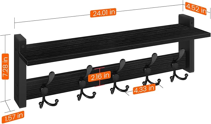 Homode Coat Rack with Shelf, 24" Coat Hooks Wall Mounted with Shelf, Wooden Hanging Coat Hanger with Tri Hooks for Entryway, Bathroom, Mudroom, Bedroom, Black