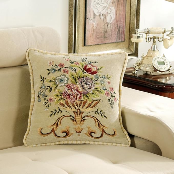 Set of 2 Beige Vintage Throw Pillows Covers 18x18in,Floral Embroidered Cushion Cover for Sofa Bedroom,Euro Sham Covers Retro Home Decor Pillows Covers