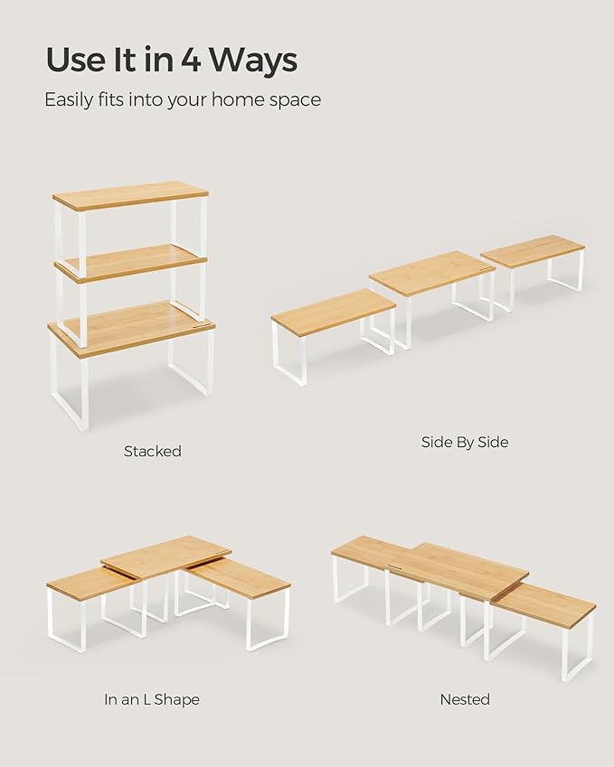 SONGMICS Cabinet Organizer Shelf, Set of 3 Kitchen Counter Shelves, Kitchen Storage, Spice Rack, Stackable, Expandable, Cloud White and Natural Beige UKCS014W01