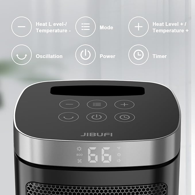 Small Portable Space Heater for Indoor Use - with 70°Rotating Feature, JIBUFI 1500W PTC Electric Heater, Rapid and Safe Heating, Remote Control, 1-12 Hr Timer for Bedroom, Office
