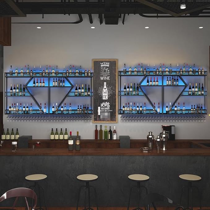 Wall Mounted Wine Rack with Glass Holder, 3-Tier Metal Storage Shelf, Black Diamond Design, Wine Bottle Display with Stemware Storage (Black, 31.49in/Right)