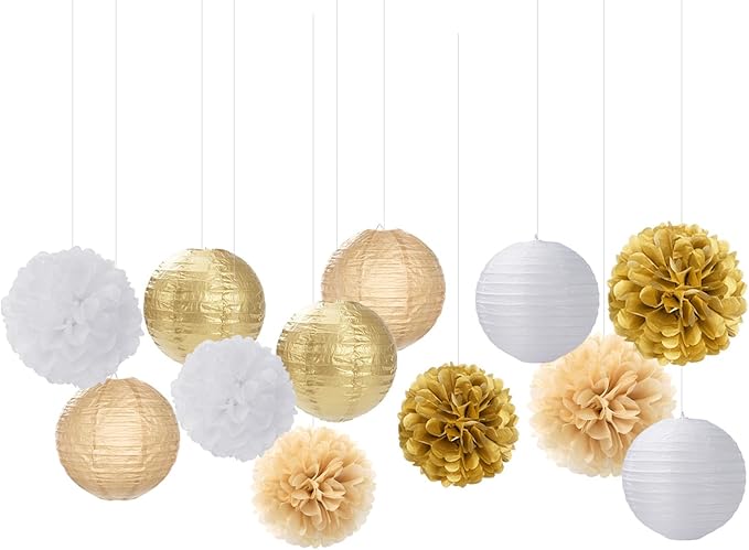 White Gold Party-Decorations Paper Flowers Lanterns - 15PCS Engagement Birthday Graduation Wedding Tissue Pom Poms Streamers,Neutral Bachelorette Baby Bridal Shower Hanging Supplies Decor Hugfond