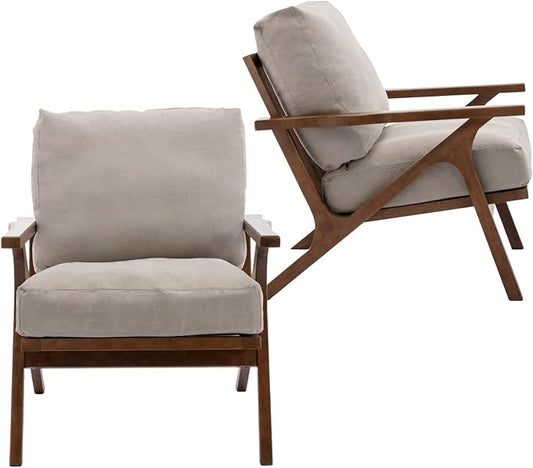 HNY Set of 2 Mid Century Accent Chair, Faux Leather Upholstered Armchair with Wood Frame and Canvas Cushions, Leisure Reading Chair Slipper Chair for Living Room, Bedroom, Beige
