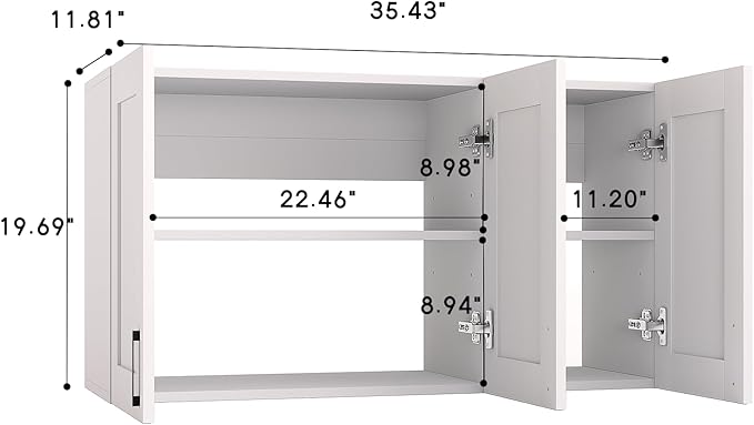 White Laundry Room Cabinets and Storage with 3 Doors and Utility Adjustable Shelf,Gabinetes Para Cocina Cupboard Kitchen Organizers and Storage Pantry Wall Mounted 12.4"D x 35.4"W x 19.7"H