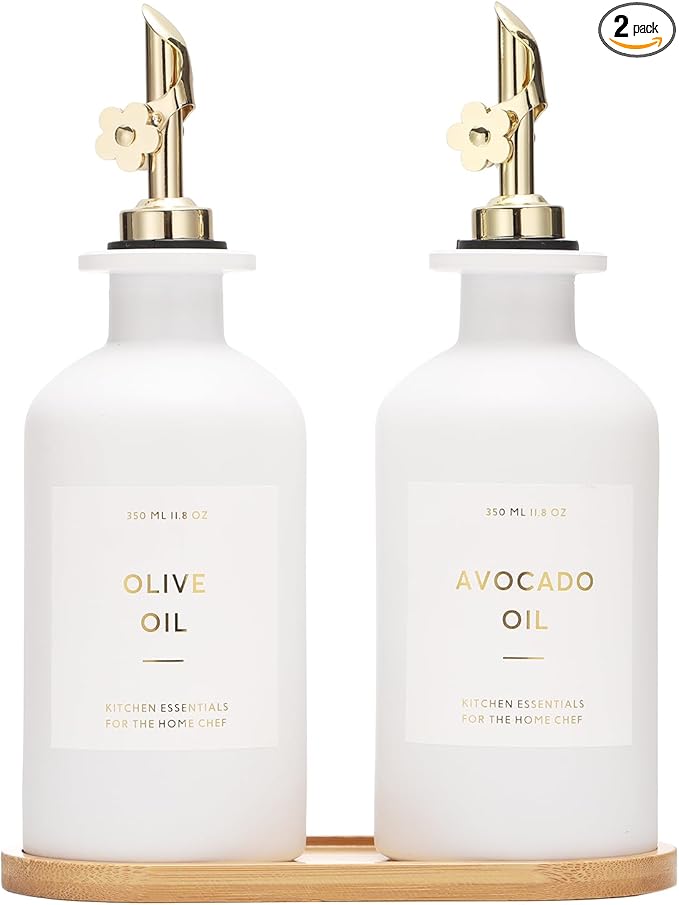 HOMCDALY Olive Oil Dispenser for Kitchen, 11.8oz Glass kitchen Dispenser Bottle, Gold Oil&Vinegar Cruet Set, Leakproof Oil Containers for Cooking| Set of 2 (11.8oz – Gold)