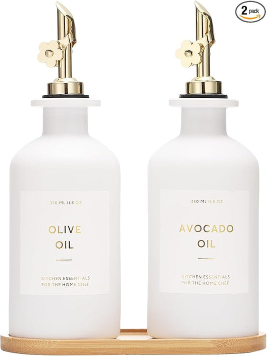 HOMCDALY Olive Oil Dispenser for Kitchen, 11.8oz Glass kitchen Dispenser Bottle, Gold Oil&Vinegar Cruet Set, Leakproof Oil Containers for Cooking| Set of 2 (11.8oz – Gold)