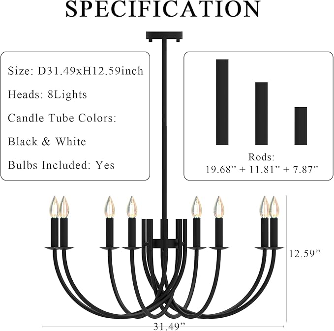 Large Black Chandeliers Light Fixture, Modern Candle Pendant Lighting, Round LED Hanging Lamp Ceiling for Bedroom Living Room Dining Room Kitchen Island Farmhouse (Black-C 8Lights)