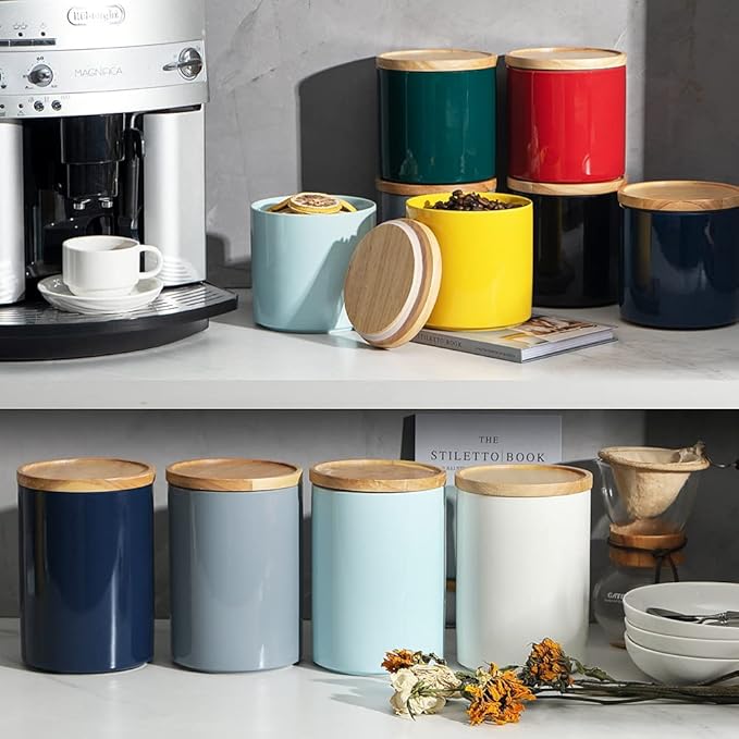 Sweejar Kitchen Canisters Ceramic Food Storage Jar, Stackable Containers with Airtight Seal Wooden Lid for Serving Coffee Bean, Flour, Tea, Cookies and More - 58 Fl Oz(Black)