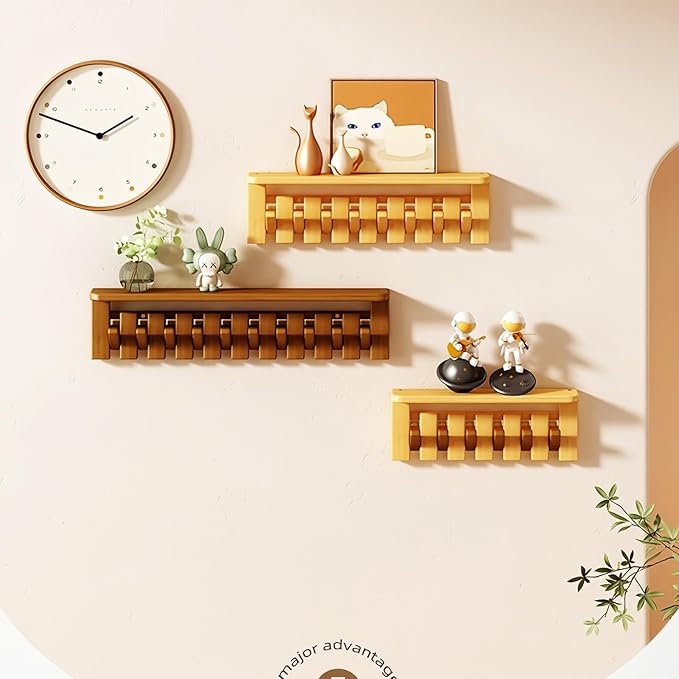 Wall Mounted Piano Key Hanger | Flip Style Hook | Entrance Wall Art Hook, Made of Oak Wood (3 Times Painted, 4 Times Polished) (Tray Beech, 12Hooks)