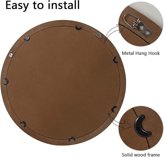 24 Inch Rustic Round Mirror - Farmhouse Vintage Bathroom Vanity Mirror, Wall-Mounted Round Mirrors for Bathroom Sink, Bedroom & Living Room and Framed Decorative Restroom Mirror