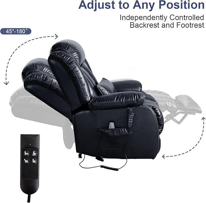 MAEVIS Large Genuine Leather Power Lift Recliner Chair, Dual Motor Recliner for Elderly,Extended Footrest and Lumbar Pillow for Tall Man,with Heat and Massage, USB and Type-C Ports(Deep Blue)