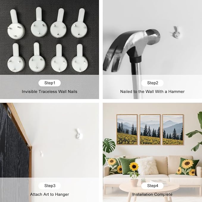 HPINUB Boho Sunflowers Landscape Framed Canvas Wall Art Set,Nature Pine Tree Wall Decor,Abstract Flowers Artwork Rustic Mountain Misty Forest Art Print for Living Room,Bedroom,Office-16 x24 x3